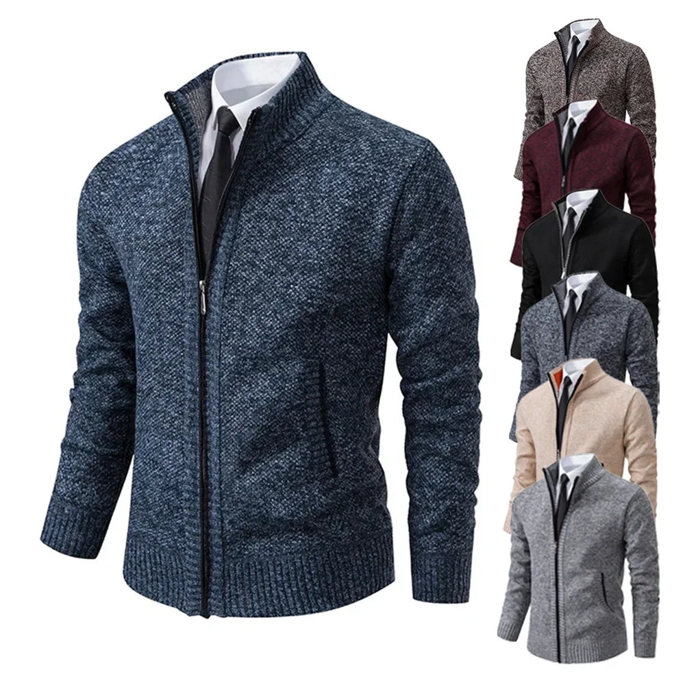 Autumn Men's Casual Zipper Cardigan Stand Collar Solid Sweatercoat Warm Fleece Sweater Male Winter Classic Sweater Hot Sale