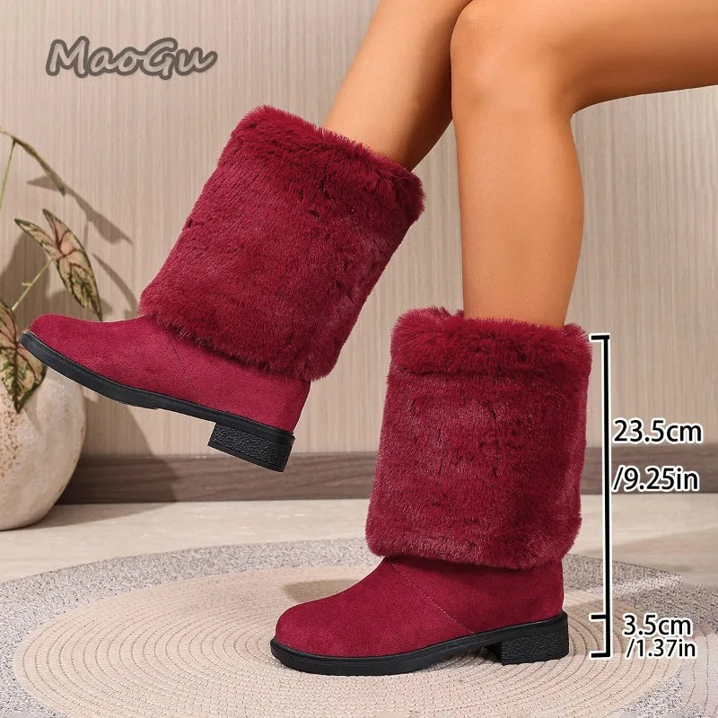 Winter-Plüschstiefel, Übergrößen 36–43, warme Outdoor-Stiefel bis zur Wadenmitte, schwarze Baumwollschuhe für Damen, zum Hineinschlüpfen, rosa Stiefeletten für Damen