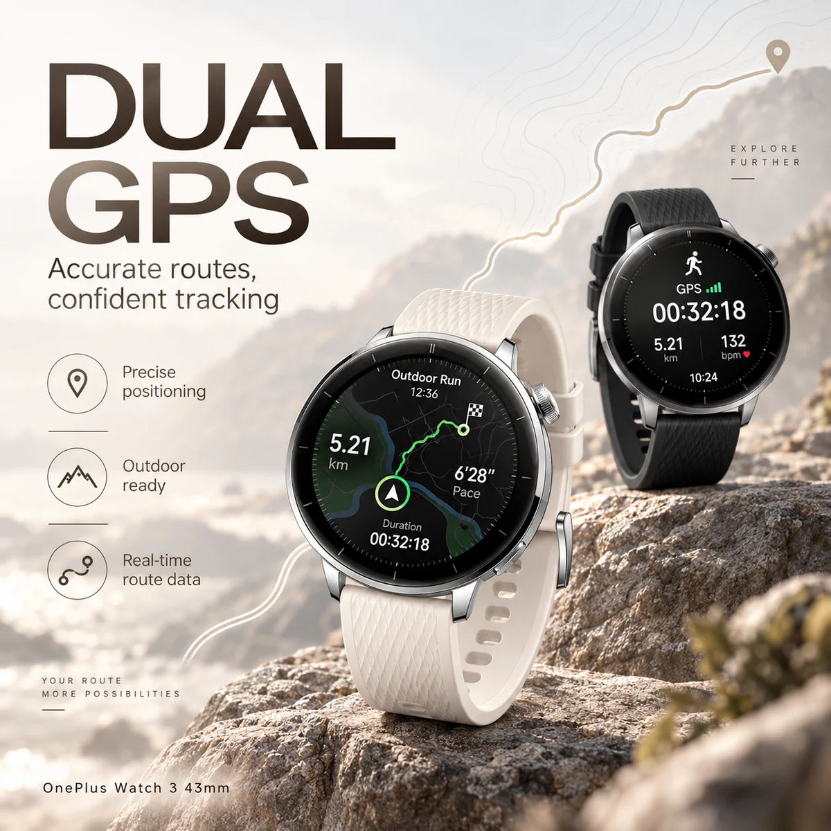 Global Version OnePlus Watch 3 Smart Watch 43mm 1.32 inch AMOLED Display Snapdragon W5 Processor Dual Frequency GPS Wear OS