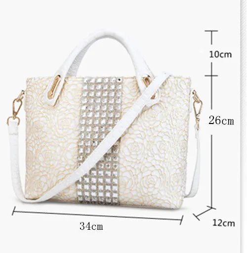 Luxury Fashion Diamonds Leather Women's Handbags Business Briefcase Lace New Female Shoulder Messenger Bags