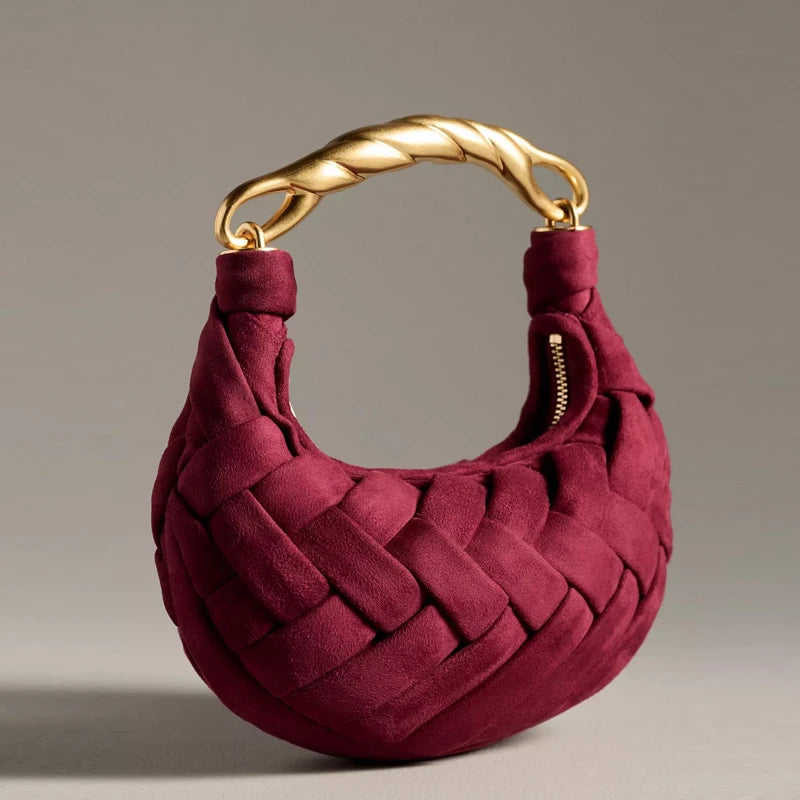 Vintage Faux Suede Hand-Woven Bags For Women Luxury Designer Handbags Purses 2025 New In Metal Top Handle Cross-Woven  Shoulder