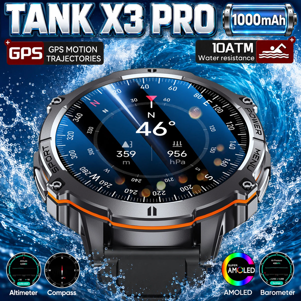 Men Military TANK X3 PRO Smartwatch 1.73"AMOLED Compass HD Call 10ATM Waterproof GPS Sports Smart Watch for Man IOS Android 2026