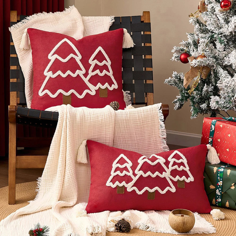 Funda de cojín navideño Battilo con borlas, funda de almohada decorativa con mechones verdes para sofá, cama, decoración del hogar
