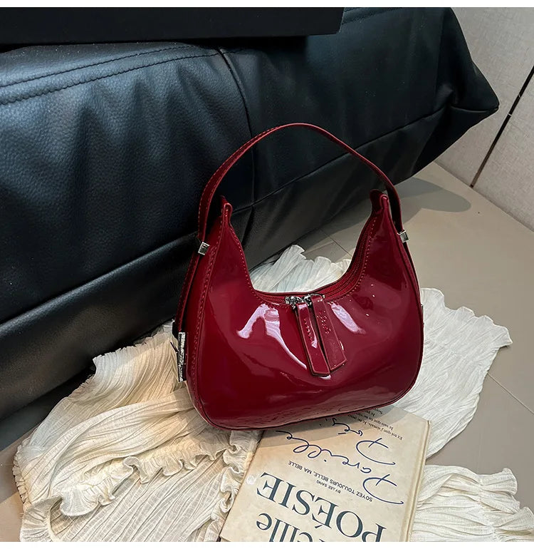 2026 New Patent Leather Hobo Bag for Women Shiny Minimalist Underarm Shoulder Bag Trendy Versatile Handbag Daily Commute Dating