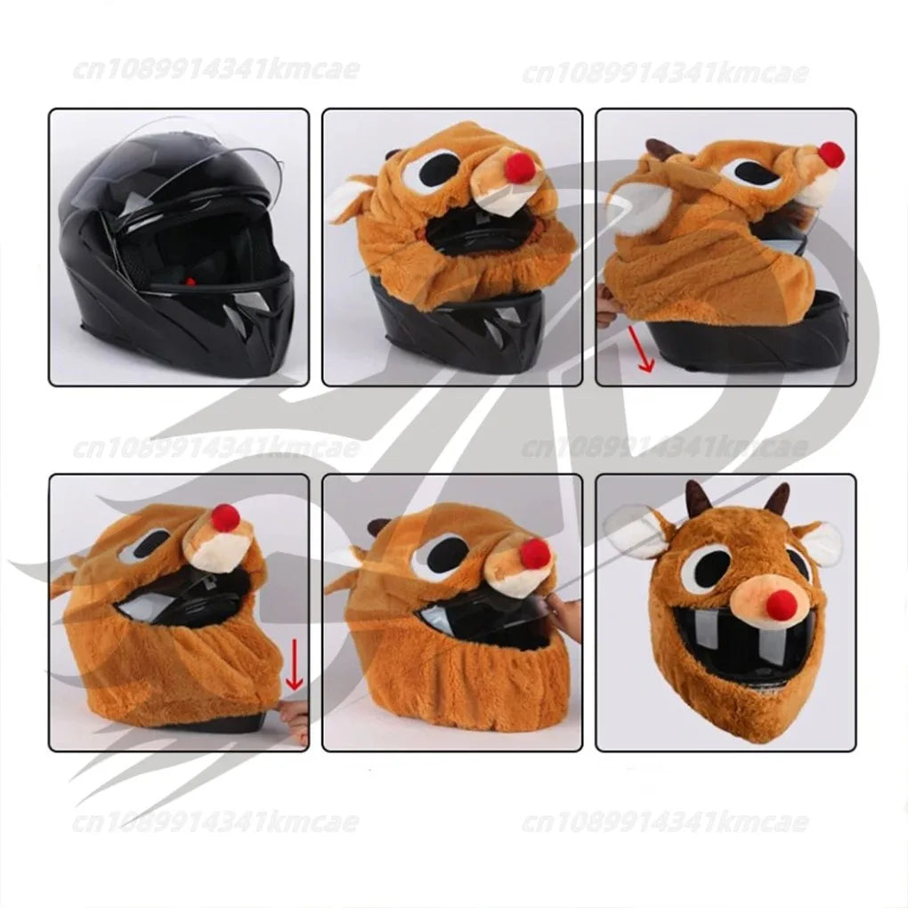 Universal Motorcycle Christmas Helmet Cover Cartoon Elk Santa Claus Fluffy Plush Set Christmas Cosplay Splicing Head Cover