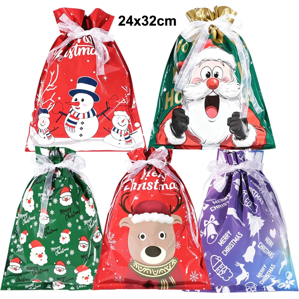 5/10/30/50Pcs Christmas Gift Bag Xmas Drawstring Wrapping Candy Presents Treat Bag Foil Box Christmas Party Favor Supplies