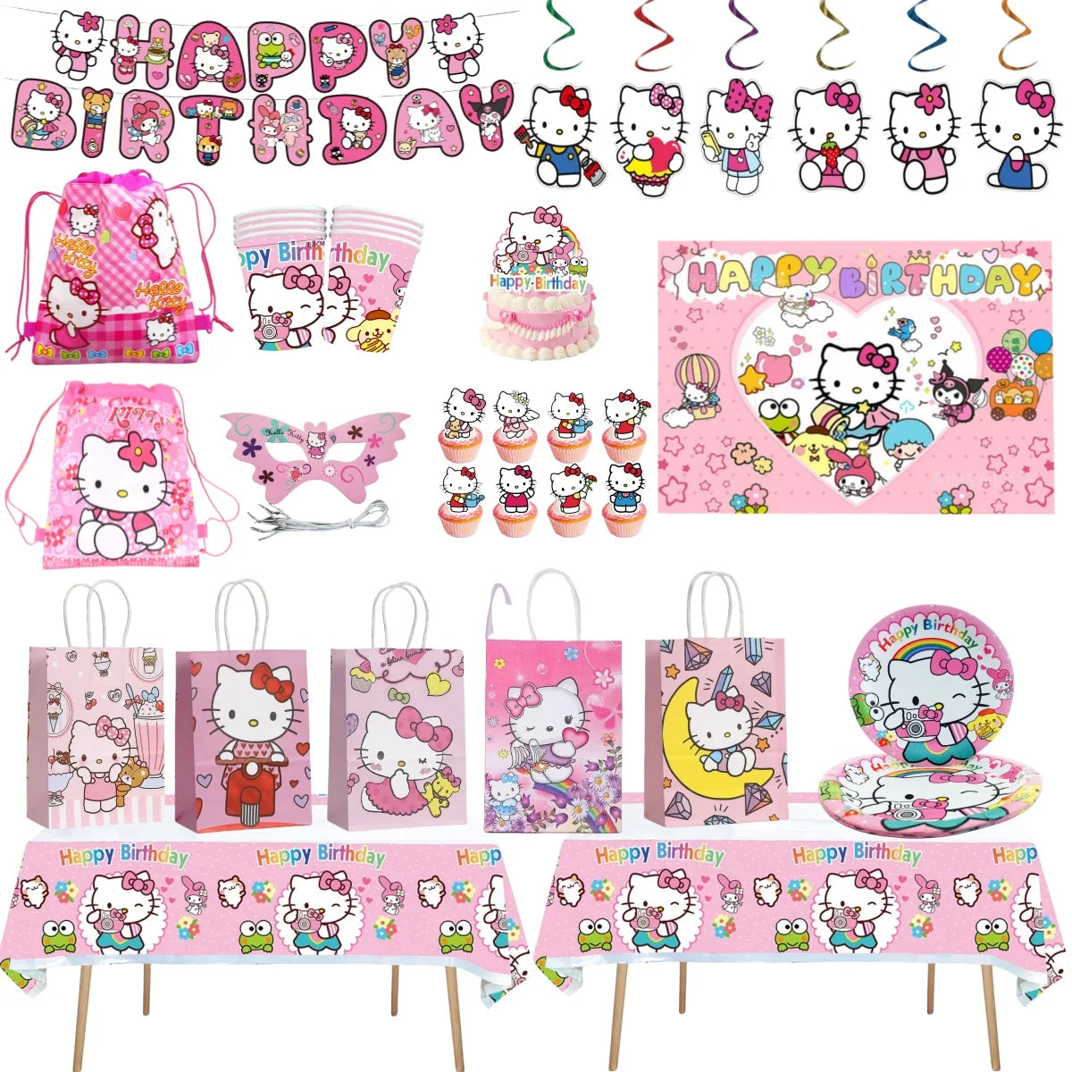 Kitty le chat dessin animé – fournitures pour fête d’anniversaire : vaisselle de fête, bannière de fond, chapeau d’anniversaire, assiettes, gobelets, serviettes, nappe et sacs en papier