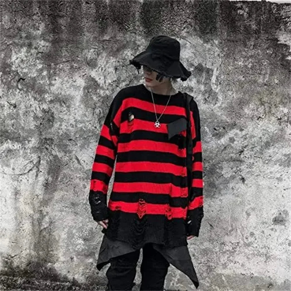 Autumn Winter Color Blocking Stripe Sweaters Destroyed Ripped Design Fashion Sweater Men's Pullover Knitwear Oversize Streetwear