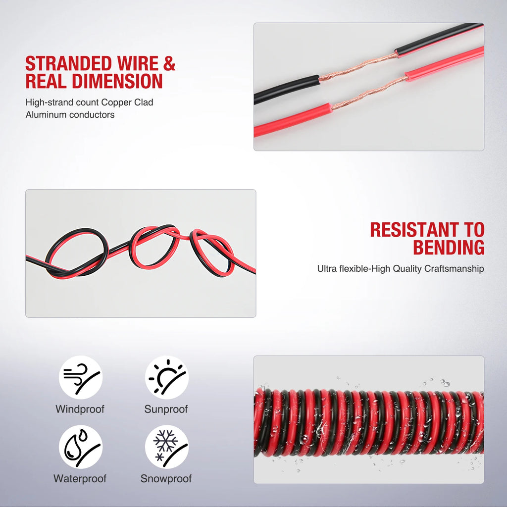Nilight 100FT 12/14/16/18AWG Copper Clad Aluminum Wire Gauge Red Black CCA Electrical Cable 2 Conductor Parallel 12V/24V DC Flexible Extension Cords for Car Audio Radio Speaker Amplifier, Automotive Battery Cable for Subwoofe