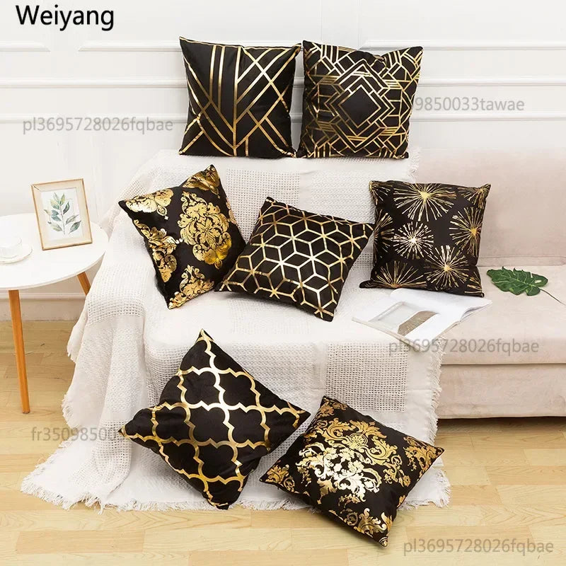 1pc 45*45cm Nordic Luxury Hot Stamping Pillowcase Gold Patterned Short Plush Pillowslip White and Black Square Pillow Cover