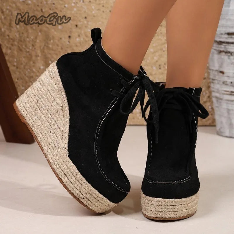 Women's Espadrille Wedge Ankle Boots, Suede Lace-Up High-Heeled Booties, Platform Sole Bohemian Short Boots, New for Fall 2026