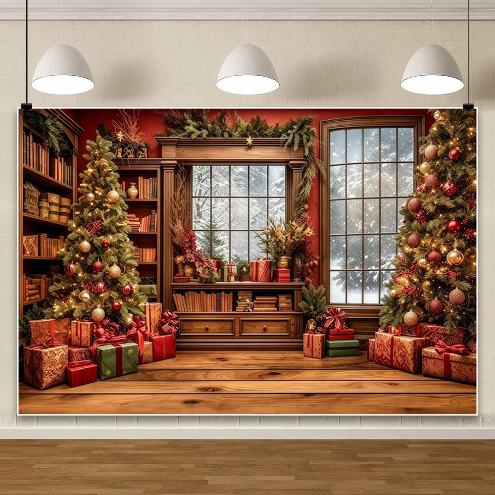 Yeele Christmas Photography Background Red Curtains Wreath Decor Window Xmas Trees Girls Birthday Wedding Party Photo Backdrop