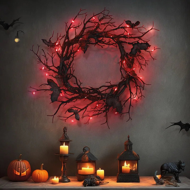Halloween Artificial Wreath Bat Black Branch Wreaths Wreath For Front Door With LED Light Window Home Decor Halloween Decoration