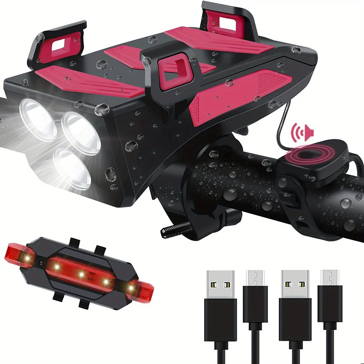 Luz para bicicleta, faro delantero recargable por USB con 3 LED y luz trasera LED, con batería externa, bocina y soporte para teléfono, adecuada para todo tipo de ciclismo, en carretera y montaña.
