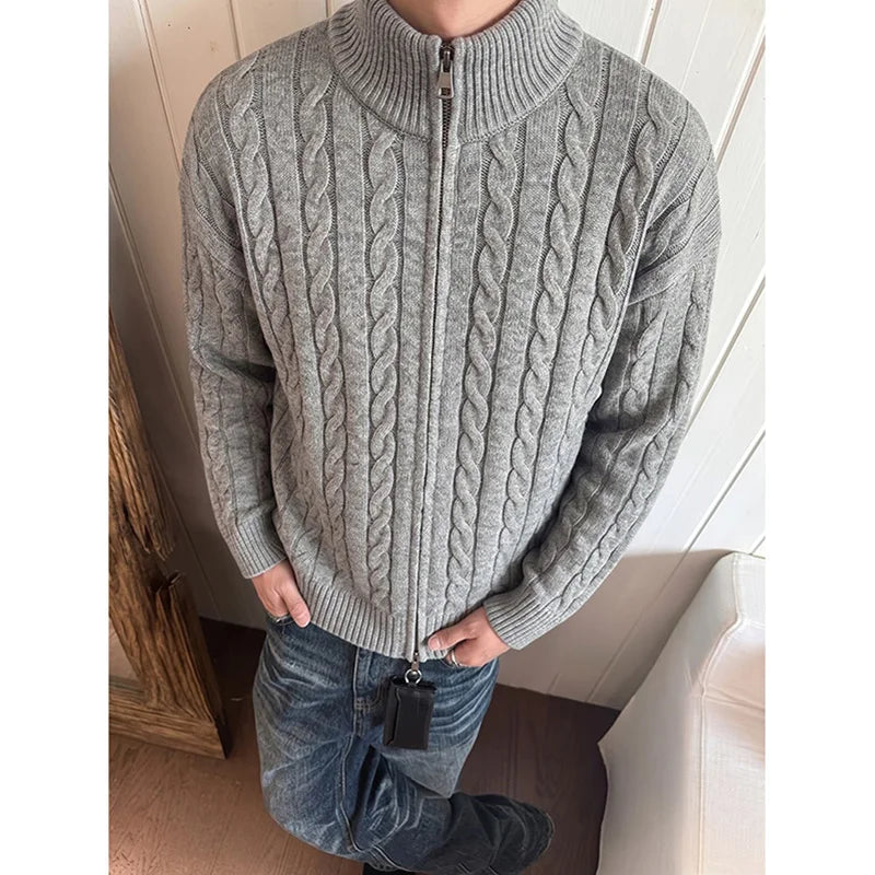 Autumn Winter Men Full Zip Knit Cardigan Slim Fit High Neck Knitted Sweater Solid Color Casual Streetwear Warm Fashion Knitwear