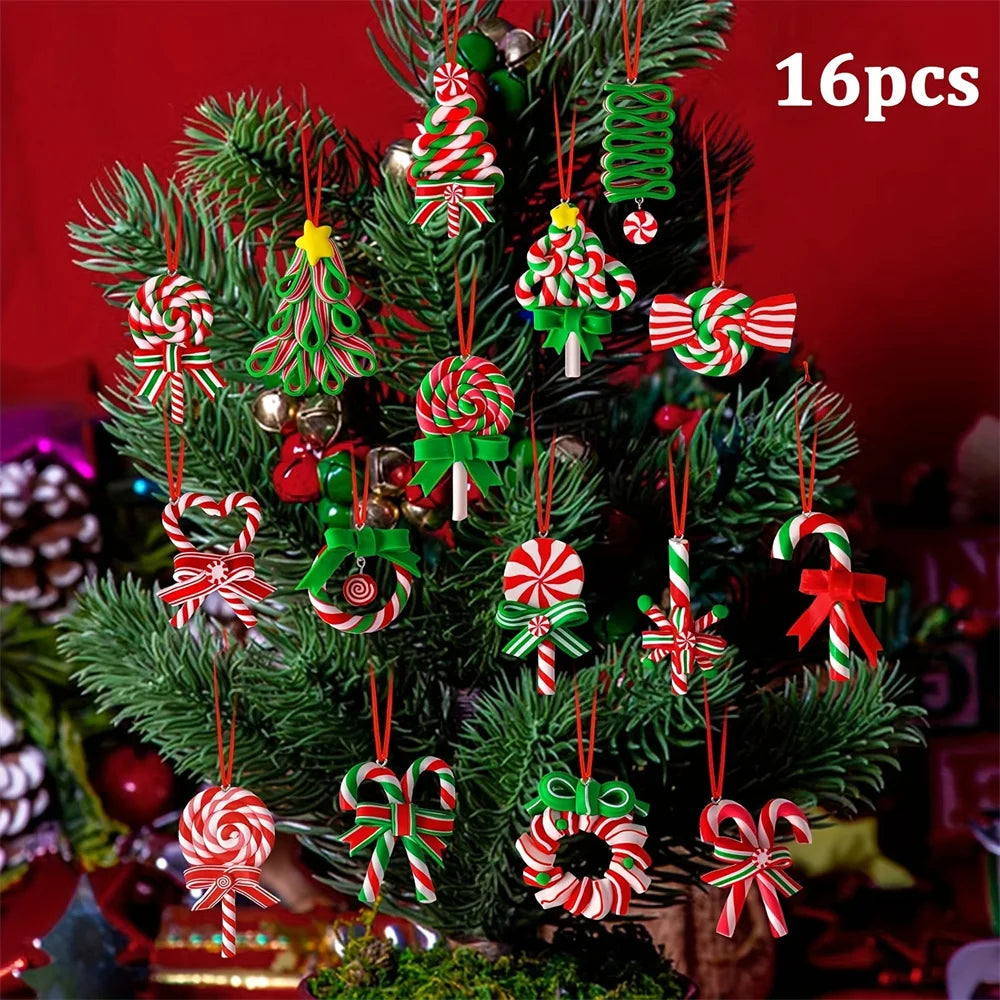 16/32Pcs Christmas Lollipop Ornaments 2D Colorful Wood Candy Cane Hanging Decoration Pendants for Xmas Tree