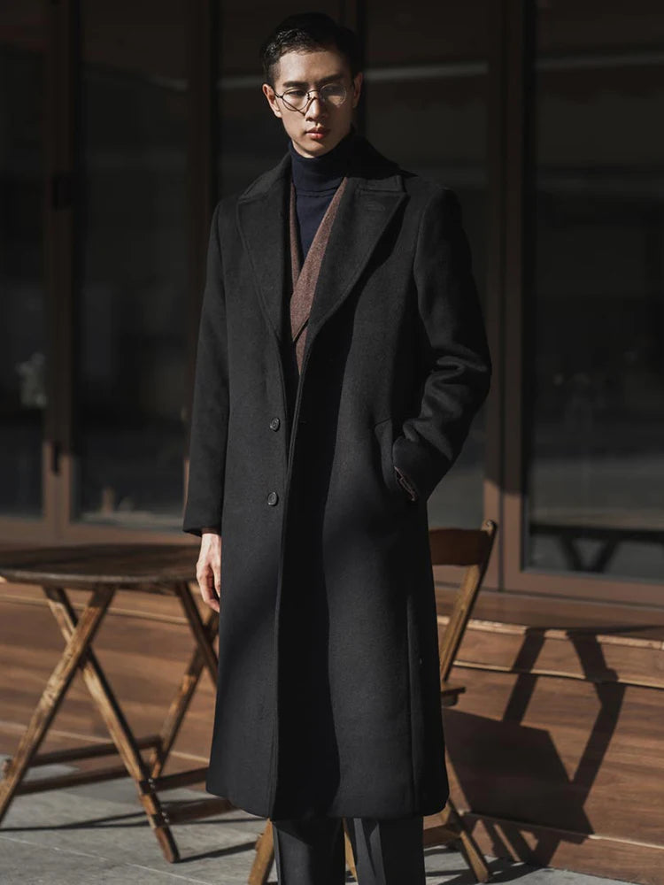 Mauroicardi Autumn Winter Long Warm Black Trench Coat Men Single Breasted Luxury Wool Blends Overcoat 2022 High Quality Clothing