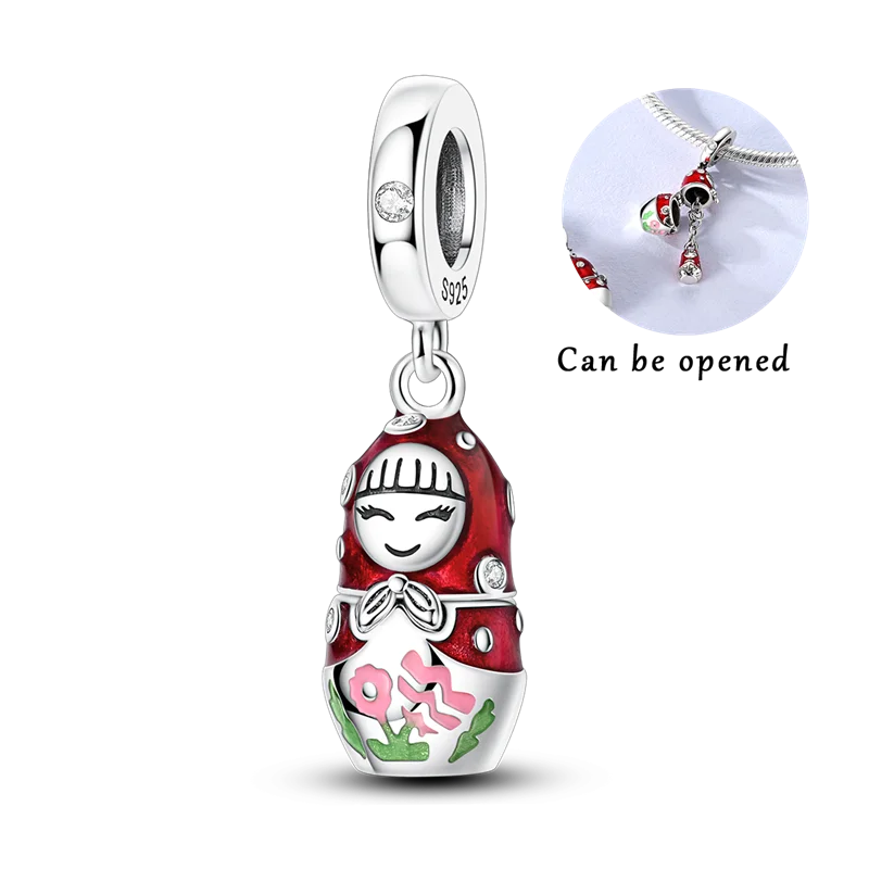 925 Sterling Silver Bright Red Charms Bead CZ Zircon Cute Doll Pendants Fit Original Bracelet DIY Jewelry Women Gift