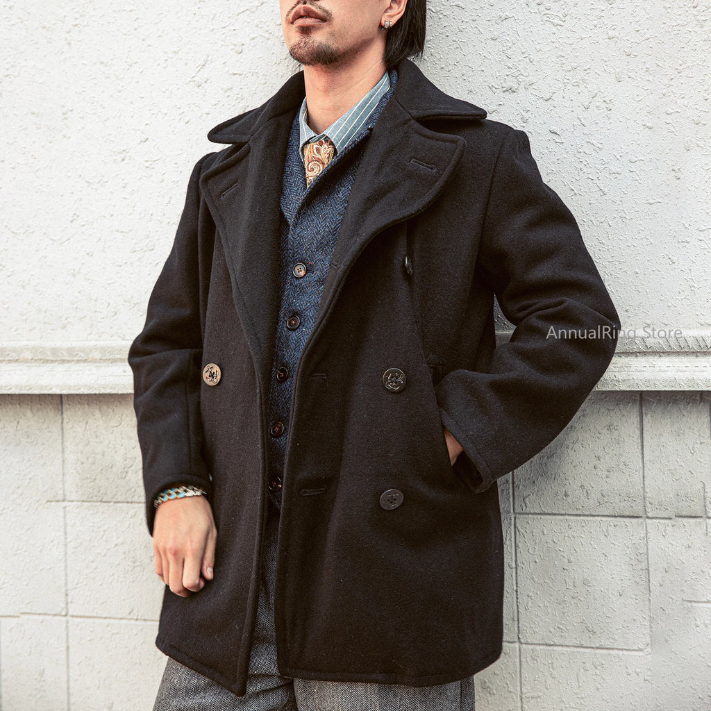 Red Tornado 740 Peacoat in Black Vintage Double-Breasted Mid-Length Wool Blend Overcoat for Men Warm Winter Jacket