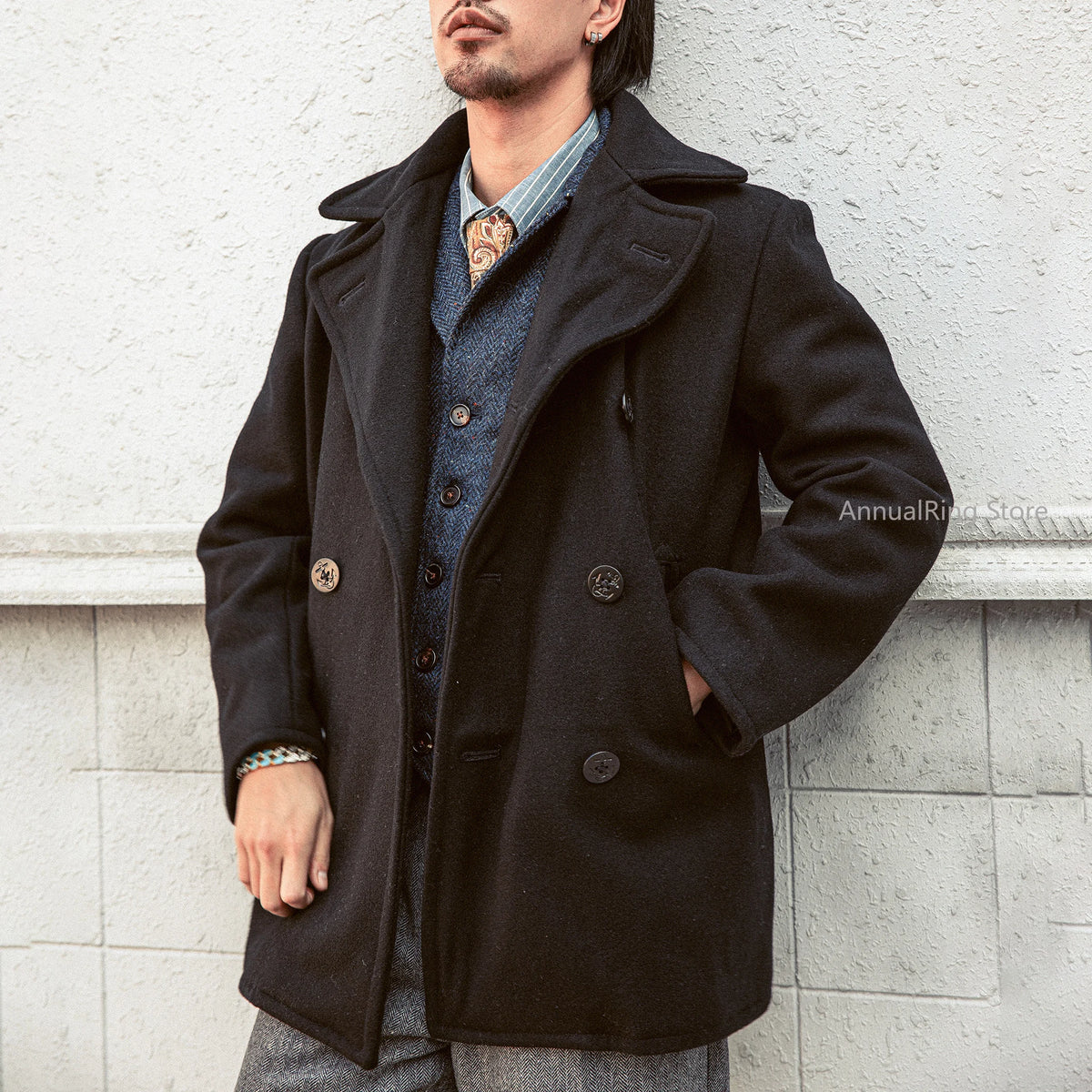 Red Tornado 740 Peacoat in Black Vintage Double-Breasted Mid-Length Wool Blend Overcoat for Men Warm Winter Jacket