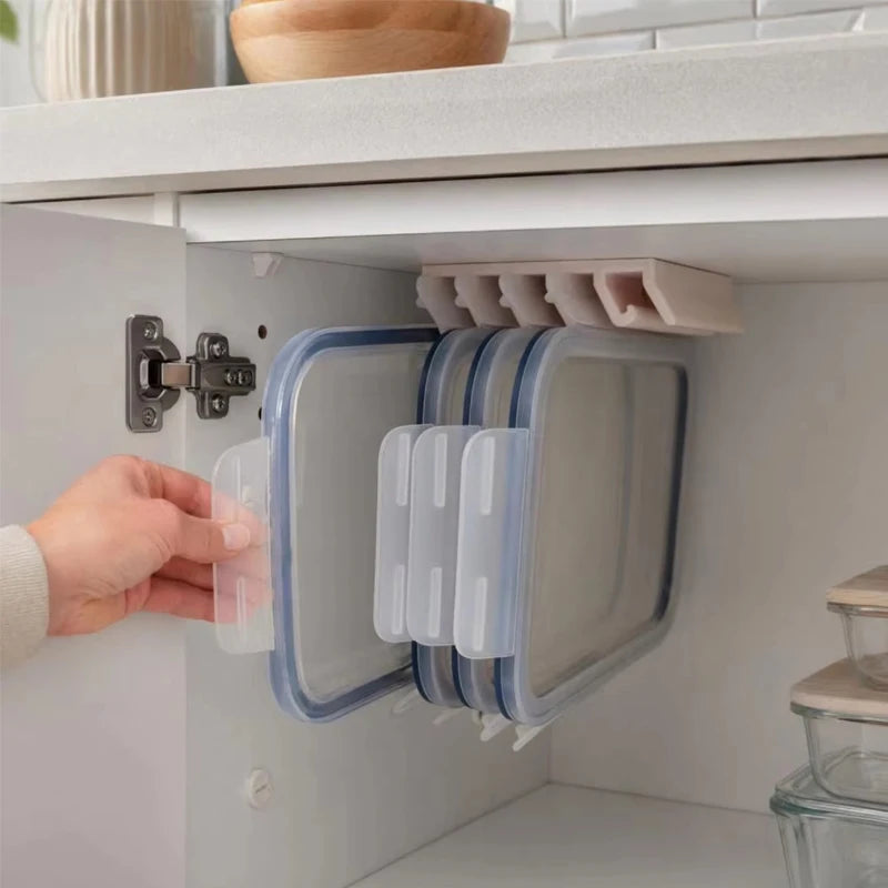 Porte-couvercles de récipients alimentaires de cuisine, organisateur d’espace gain de place pour placard, support d’étagère en plastique, crochet mural robuste à plusieurs fentes