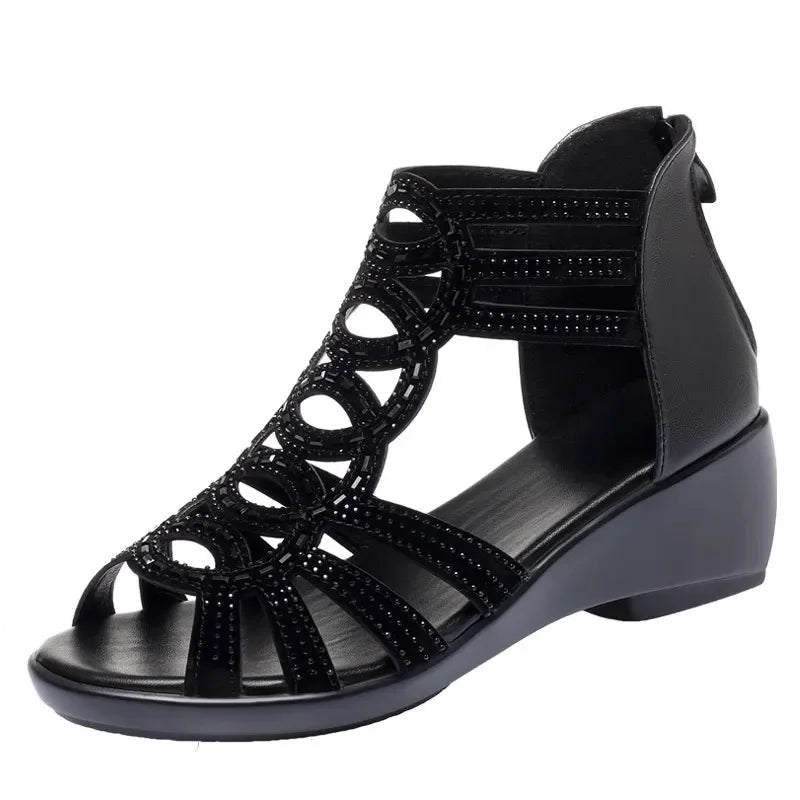 Women's Wedge Sandals 2025 New Comfortable Hollow-Out Roman Sandals, Elegant Low-Heeled Fashion Shoes for Women