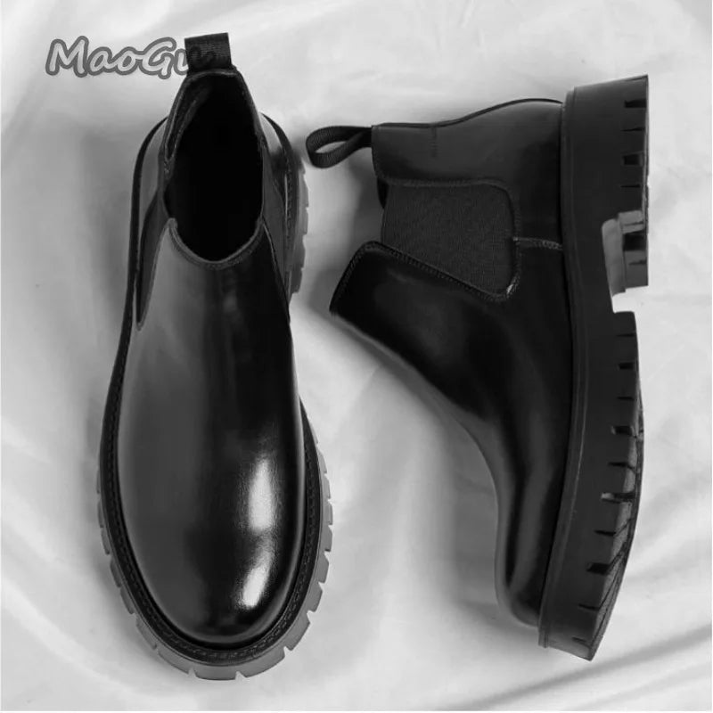Vintage Herren-Chelsea-Stiefeletten in Braun, glänzendes Leder, Schlupfschuhe mit dicker, rutschfester Sohle, kurze Stiefel für Herren, Herbst, schwarz