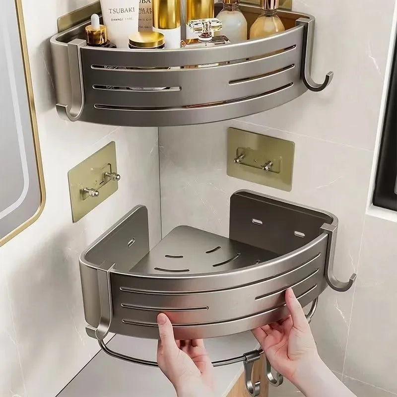 Badezimmerregale aus Aluminiumlegierung, bohrfrei, verdicktes Stativ, wandmontiertes Eckregal, Badezimmerzubehör, Duschorganizer