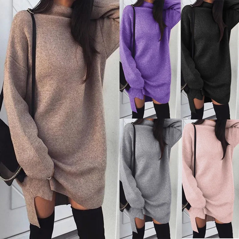 Abito in maglia da donna a collo alto con spacco