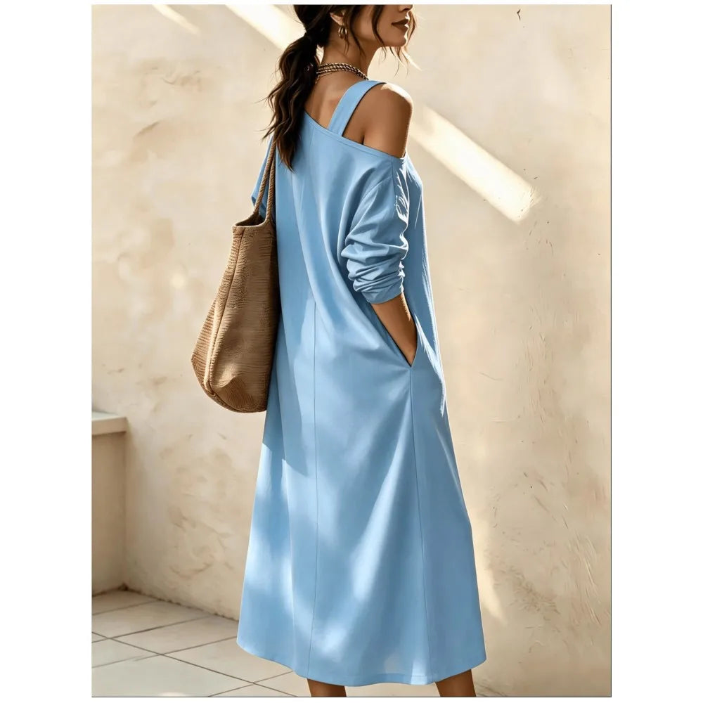 Abito midi da donna con scollo diagonale, spacco e tasche