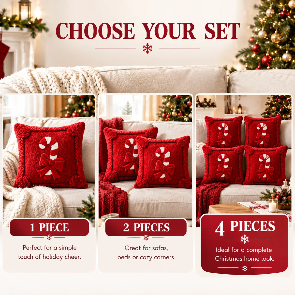 Housse de coussin décoratif de Noël Sucre d'orge, Housse de coussin de Noël rouge aspect peluche en fausse fourrure, Nœud Décoration d'intérieur pour canapé de fêtes hivernales