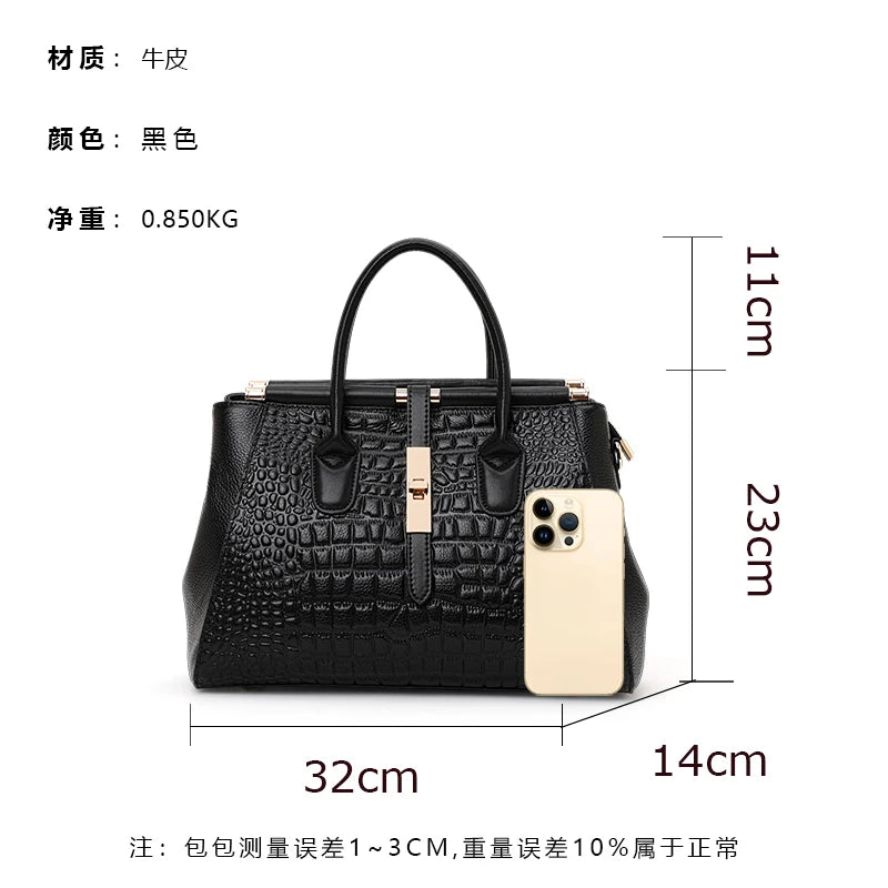 Aidrani Genuine Leather Women's Handbag, Fashion Crocodile Pattern Design, High-End Luxury Cowhide Bag Large Capacity
