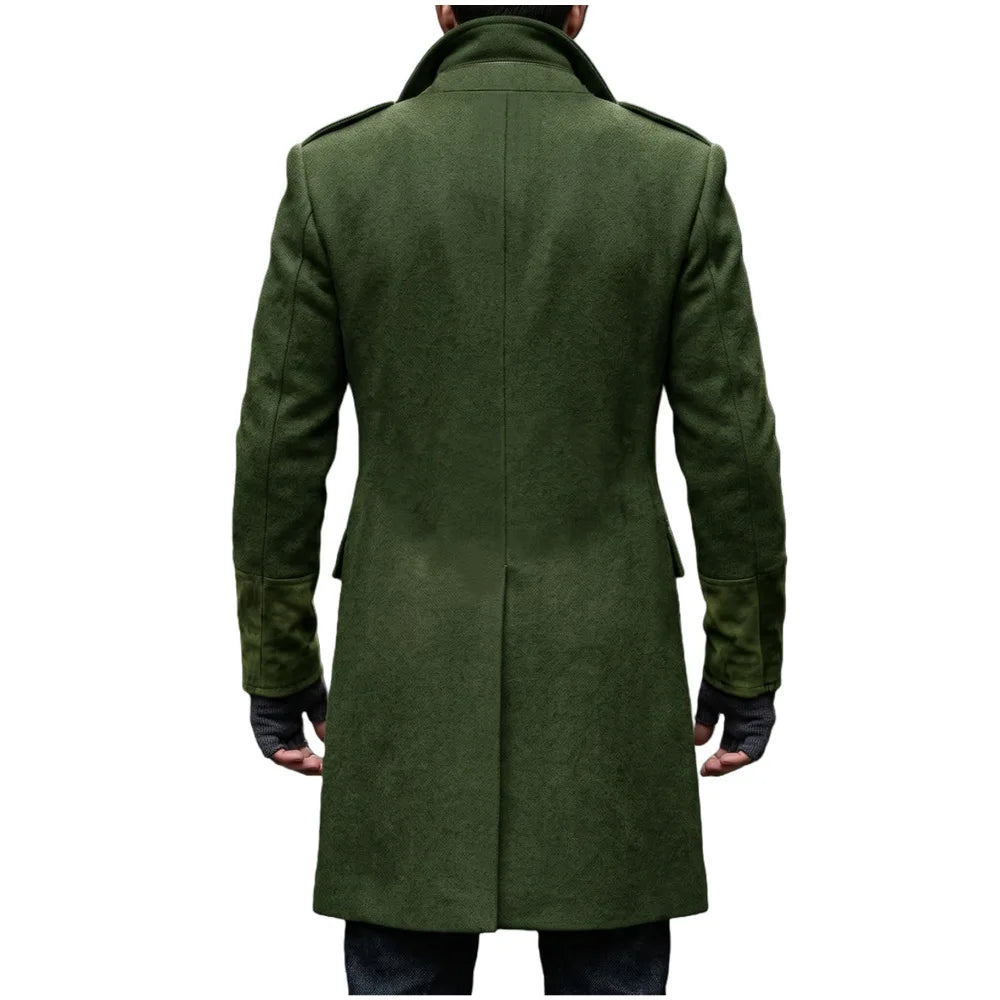 Mid Length Jacket Men Wool Blend Overcoat Double Breasted Formal Work Y2k Streetwear Classic Lapel Trench Coat Autumn Winter