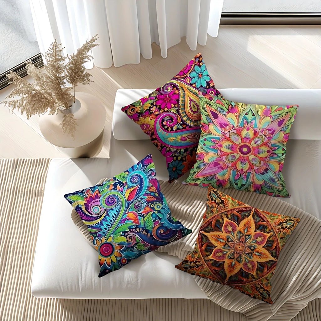 Set aus 4 Kissenbezügen mit floralem Mandala-Muster im Boho-Stil, schicke Boho-Kissenhüllen für Wohnzimmer und Wohnaccessoires