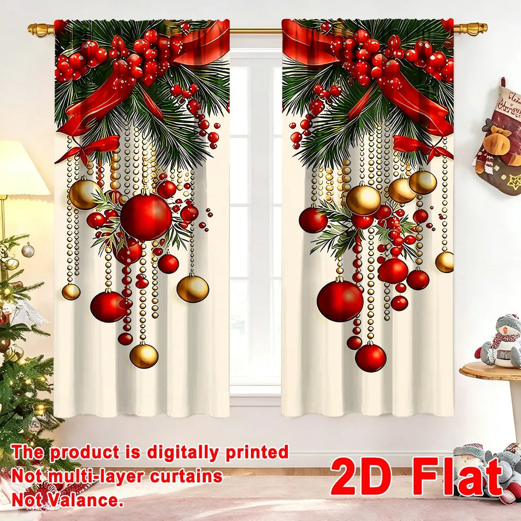 2pcs Festive Christmas Curtains, 60*150cm Polyester Curtains Xmas Baubles Ribbon Patterns Window Drapes for Home Holiday Decor
