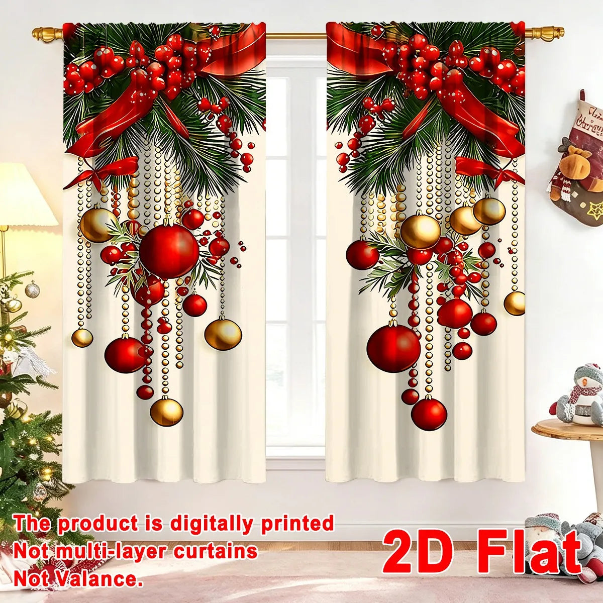 2pcs Festive Christmas Curtains, 60*150cm Polyester Curtains Xmas Baubles Ribbon Patterns Window Drapes for Home Holiday Decor