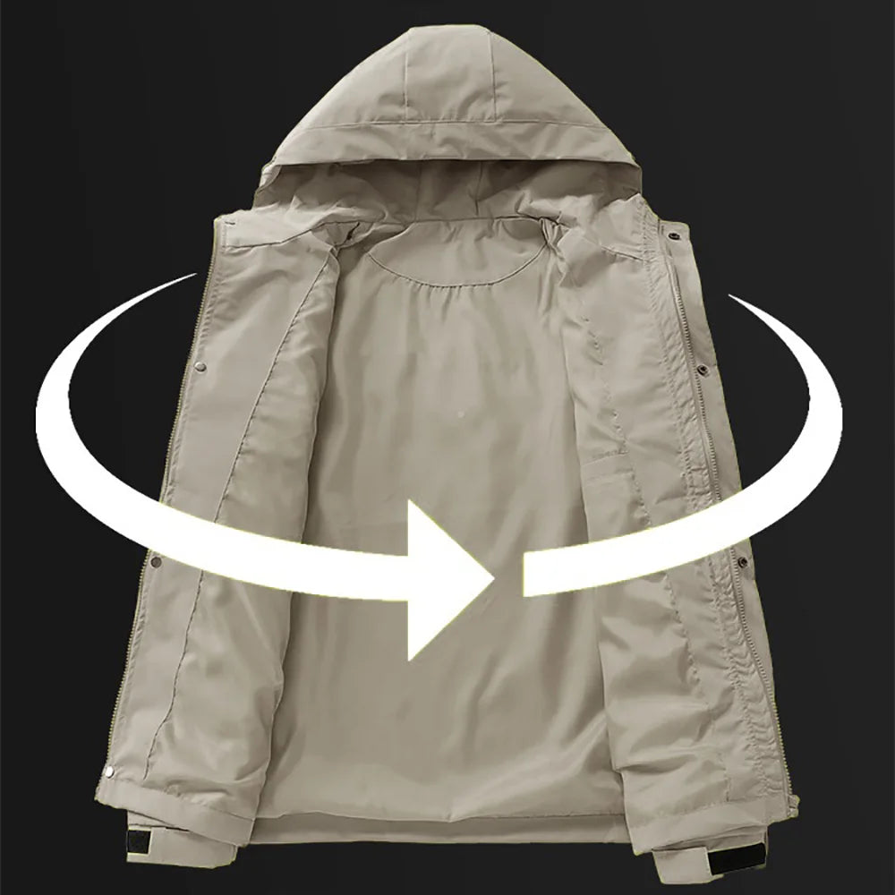 Outdoor Jacket for Men Spring New Hooded Zipper Raglan Sleeve Outwear Solid Color Camping Fishing Waterproof Windproof Jacket