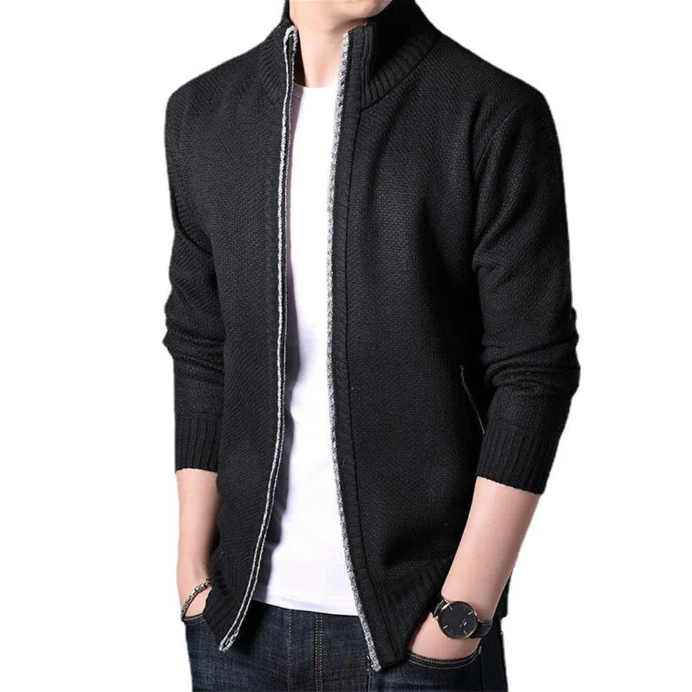 Men's Knitted Sweater Winter Thick Coat Long Sleeve Cardigan Stand Collar Fleece Male Zipper Blouse Causal Clothing for Autumn