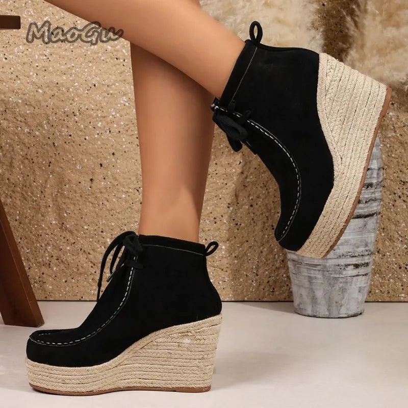 Women's Espadrille Wedge Ankle Boots, Suede Lace-Up High-Heeled Booties, Platform Sole Bohemian Short Boots, New for Fall 2026
