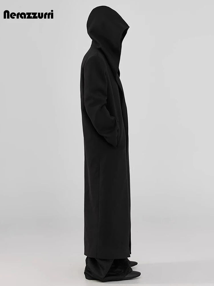 Nerazzurri Autumn Winter Extra Long Warm Black Soft Wool Blends Coat Men with Hood Luxury Woolen Overcoat Dark Academia Clothes