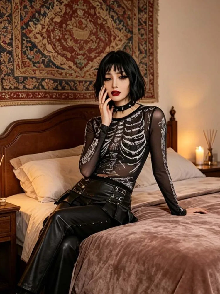 Dunkles Gothic-Punk-Shirt aus den 2000ern für Damen, Totenkopf-Muster, Rundhalsausschnitt, lange Ärmel, schwarzes Y2K-Street-Kleid