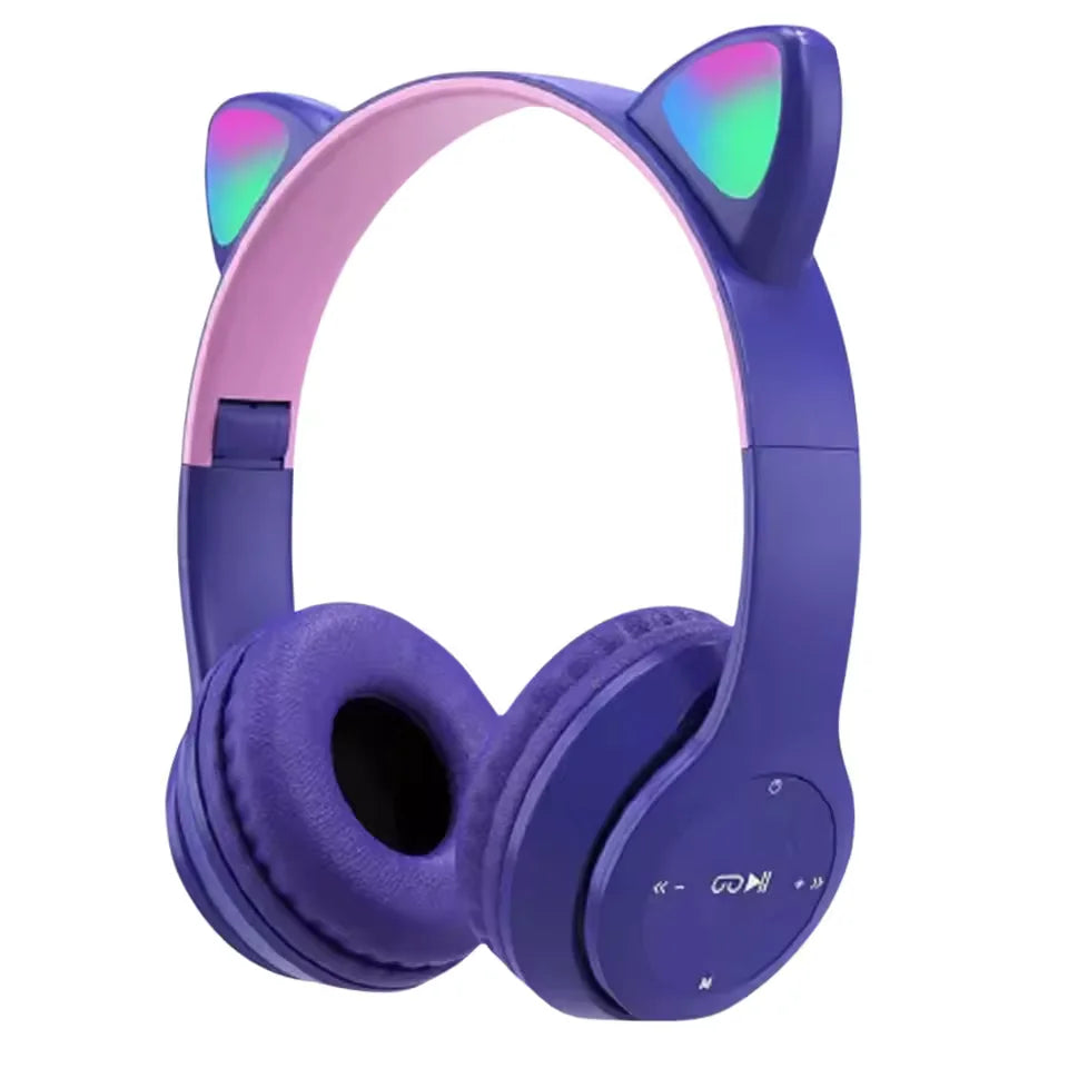 Casque audio sans fil Bluetooth avec oreilles de chat lumineuses, microphone intégré, modèle P47M pour enfants et filles, écouteurs stéréo pour sport