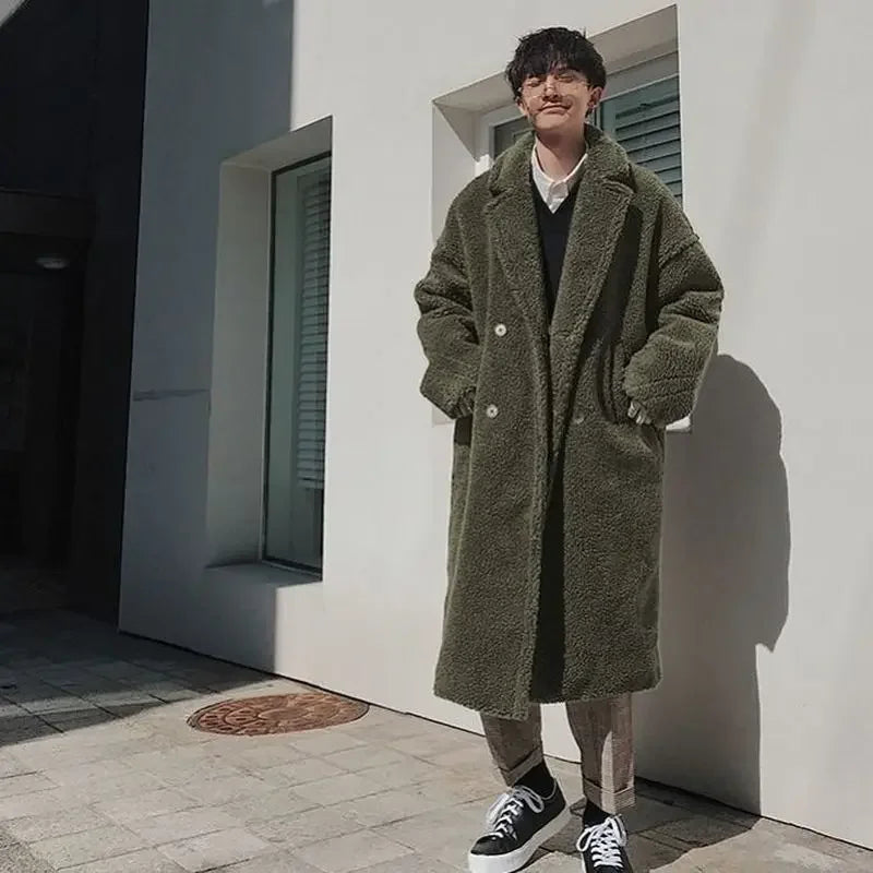 Lamb wool big thickened long coat men's winter particle wool large size padded jacket Hong Kong style unisex warm windbreaker