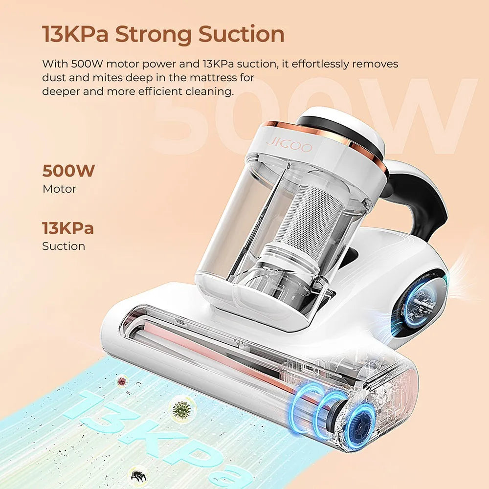 JIGOO J300 Smart-Milbendosierer mit zwei Behältern, 500 W, 13 kPa Saugkraft, Milbensensor, Doppelbehälter-Design, Metallbürstenrolle, 55 °C Heißluft