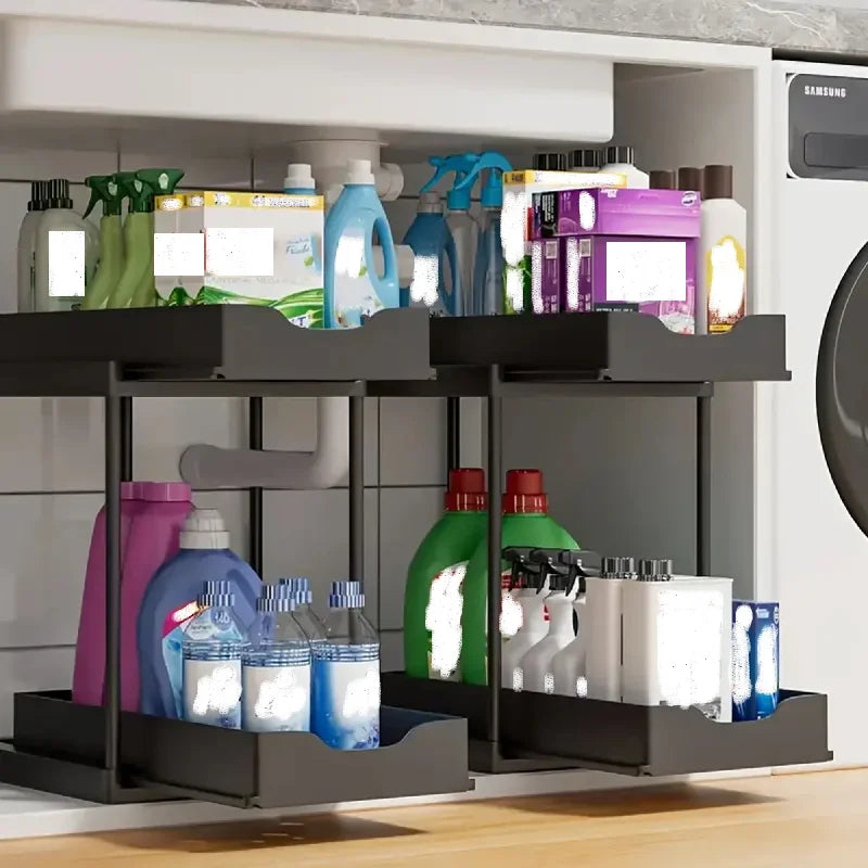 Rangement coulissant à 2 niveaux sous évier, organiseur multifonctionnel à tiroirs pour produits de nettoyage de cuisine et de salle de bain, à poser sur le plan de travail