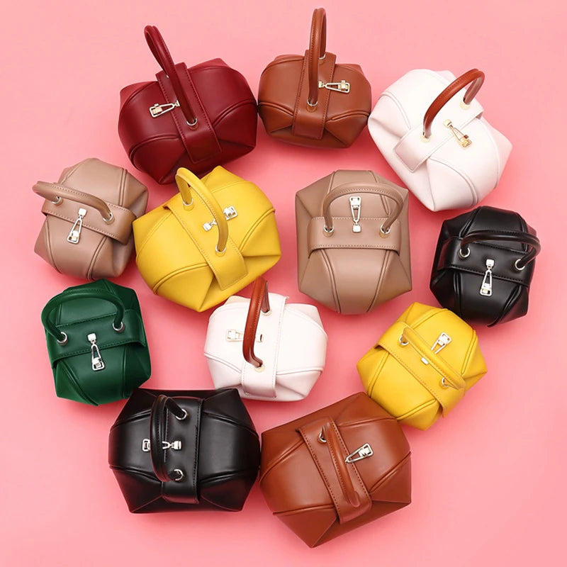 HIFASHION Small Genuine Leather Single Top Handle Bag Women Elegant Going Out Evening Party Pouch Purses Round Luxury Handbags