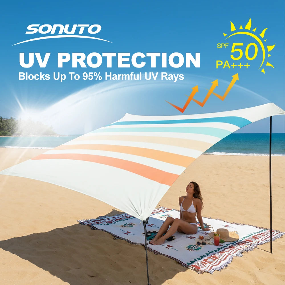 UPF50+ Lycra Beach Tent with Sandbag Anchors Portable Outdoor Sunshade Canopy for Camping Fishing Picnic Large Windproof Shelter