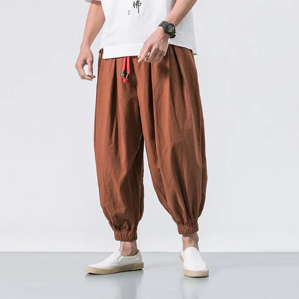 Men's Harem Pants Wid Leg Cotton Linen Trousers Spring Autumn Quality Men Casual Baggy Loose Oversized Pants Streewear