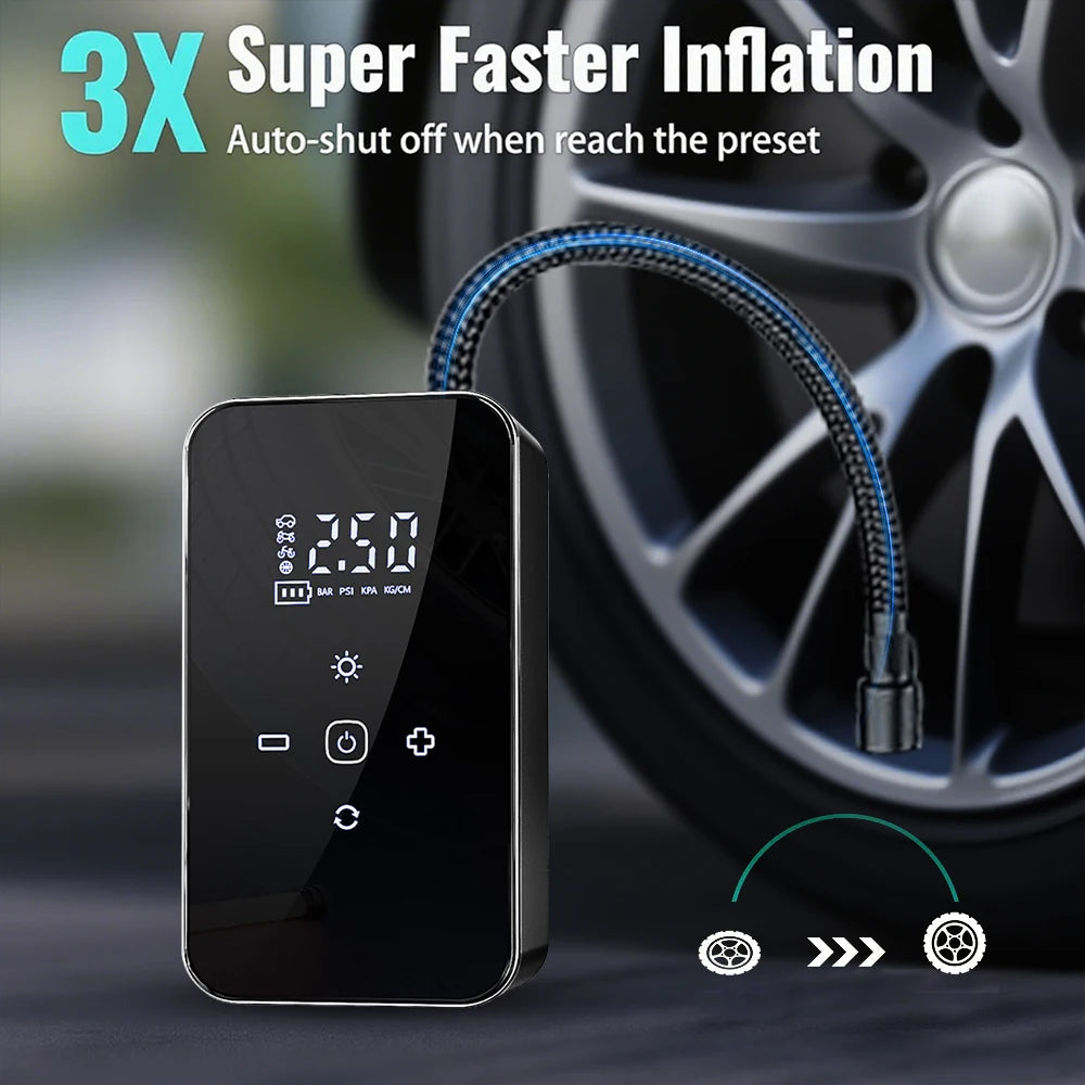 Mini compresor de aire inalámbrico portátil con pantalla táctil, inflador eléctrico para neumáticos de moto, bicicleta y coche, y pelotas