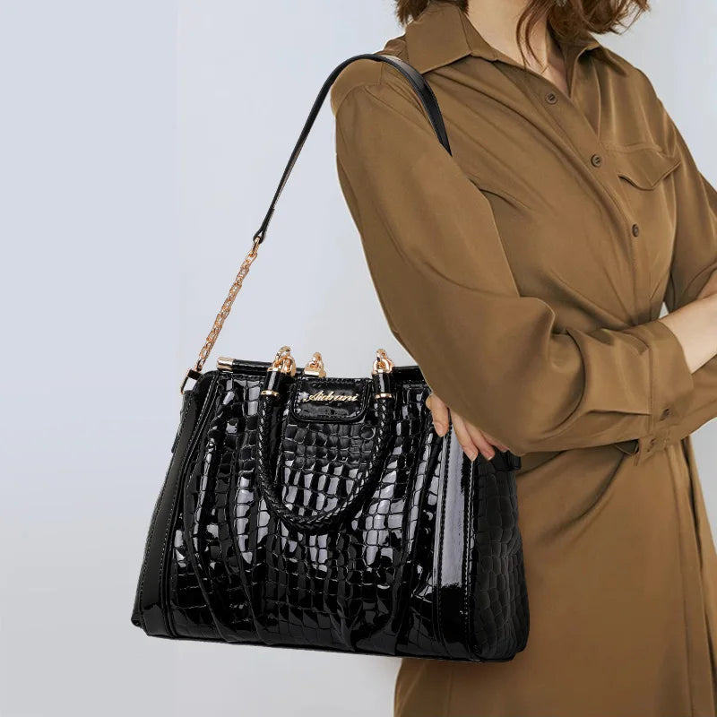 Aidrani New Glossy Croc Pattern Patent Leather Tote Bag Women Braided Handle Metal Chain Crossbody Daily Shoulder Handbag
